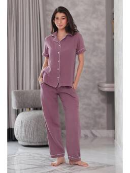 NAP STORY - Purple Muslin Half Sleeve Shirt With Pyjama