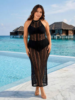 Keepfit - Black Women Plus Size Halter Neck Beach Cover Up Dress