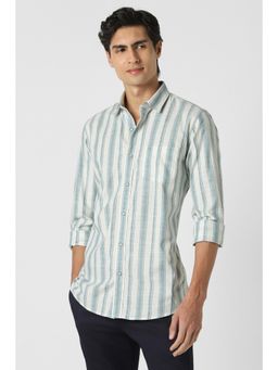 Peter England - Men Green Slim Fit Stripe Full Sleeves Casual Shirt