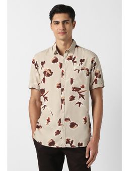 Peter England - Men Beige Slim Fit Print Half Sleeves Casual Shirt