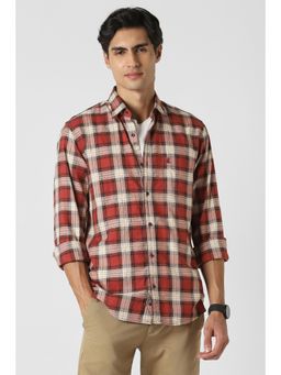 Peter England - Men Red Slim Fit Check Full Sleeves Casual Shirt