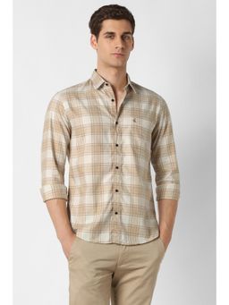 Peter England - Men Beige Slim Fit Check Full Sleeves Casual Shirt