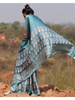 Chidiyaa - Flow Sea Blue Blockprinted Modal Silk Saree Gul