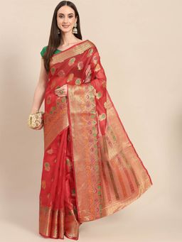 Odette - Red Woven Organza Saree with Unstitched Blouse