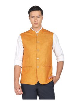 Arrow - Men Mustard Mandarin Collar Heathered Nehru Jacket