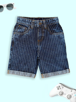 KiddoPanti - Boys Striped Denim Rollup Shorts-Blue