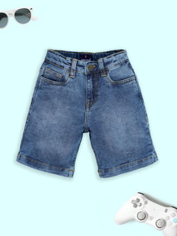 KiddoPanti - Boys Knee Length Solid Denim Shorts-Blue