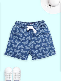 KiddoPanti - Girls Cotton Butterfly Printed Denim Roll Up Shorts-Blue