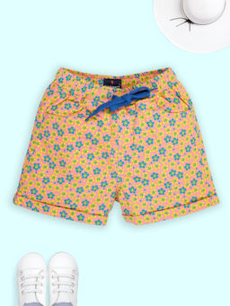 KiddoPanti - Girls Cotton All Over Flower Printed Roll Up Hot Shorts-Multi Color