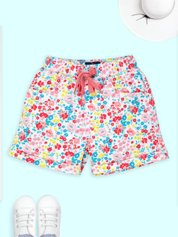 KiddoPanti - Girls Cotton All Over Flower Printed Roll Up Hot Shorts-Multi Color