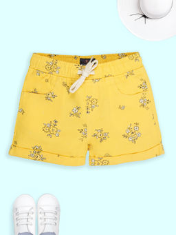 KiddoPanti - Girls Cotton Flower Printed Roll Up Hot Shorts-Yellow