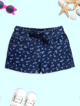 KiddoPanti - Girls Flower Printed Denim Hot Shorts-Blue