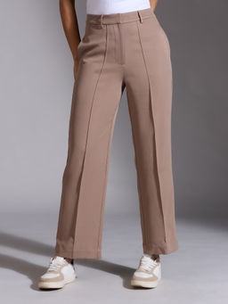 Twenty Dresses by Nykaa Fashion - Light Brown High Waist Straight Fit Trousers
