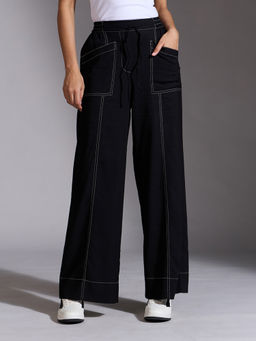 Twenty Dresses by Nykaa Fashion - Black High Waist Top Stitch Straight Fit Trousers