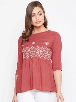 WineRed - Women Red Embroidered Rayon A-Line Top