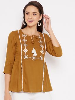 WineRed - Women Brown Embroidered A-Line Top