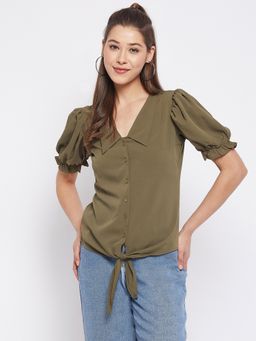 WineRed - Women Olive Green Shirt Style Solid Top