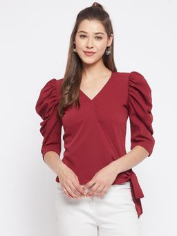 WineRed - Women Maroon Tie Side Wrap Solid Top