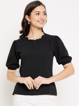 WineRed - Women Pearl Gathered Neck Puff Sleeve Top