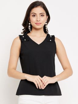WineRed - Women V-Neckline Frill And Beads Detailing Top