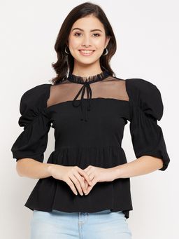 WineRed - Women Power Shoulder Net Neck Peplum Top