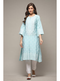 Biba - Womens Blue Printed Poly Viscose Straight Kurta