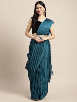Sareemall - Womens Georgette Teal Blue Solid Celebrity Saree with Unstitched Blouse