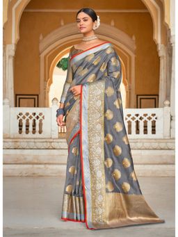 Sangam Prints - Grey Woven Rich Pallu Work Traditional Saree with Unstitched Blouse