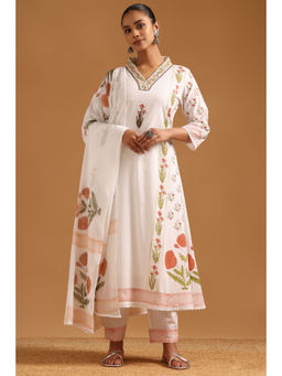 Soch - Off White Cotton Botanical Floral Kurta With Pant & Dupatta