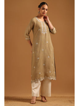 Soch - Beige Poly Linen Embroidered Kurta