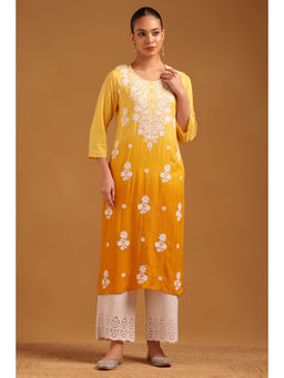 Soch - Mustard Rayon Ombre Chikankari Embroidered Kurta