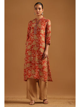 Soch - Rust Silk Berry Botanical Floral Print Kurta