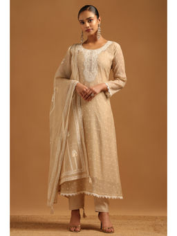 Soch - Beige Mul Chanderi Ethnic Motifs Kurta With Pant & Dupatta