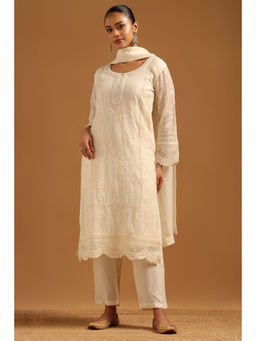 Soch - Cream Mul Chanderi Embroidered Kurta With Pant Inner & Dupatta