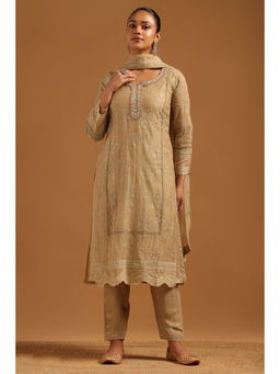 Soch - Beige Mul Chanderi Embroidered Kurta With Pant Inner & Dupatta