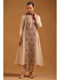 Soch - Beige Mul Chanderi Paisley Kurta With Pant & Dupatta