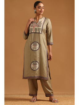 Soch - Sap Green Shantoon Botanical Applique Kurta And Pant