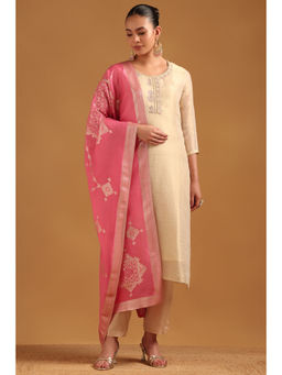 Soch - Beige Viscose Blend Floral Embroidery Kurta With Pant & Dupatta
