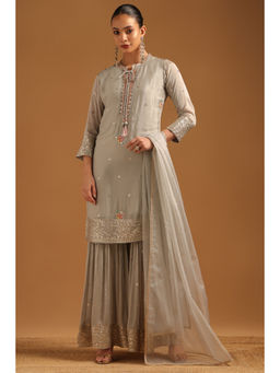 Soch - Grey Chinon Floral Sequin Kurta With Sharara & Dupatta