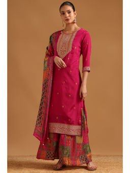 Soch - Fuchsia Viscose Blend Embroidered Sequin Kurta With Sharara & Dupatta
