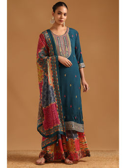 Soch - Teal Viscose Blend Embroidered Sequin Kurta With Sharara & Dupatta