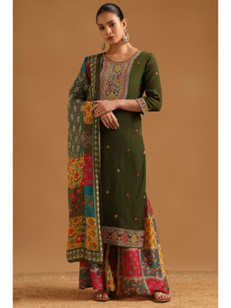 Soch - Green Viscose Blend Ethnic Motifs Sequin Kurta With Sharara & Dupatta