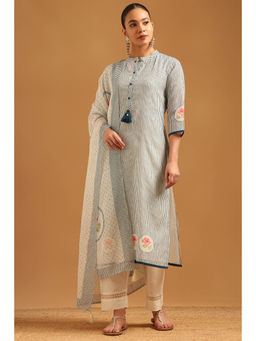 Soch - Blue Linen Striped With Tassels Kurta With Pant & Dupatta
