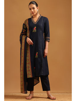 Soch - Navy Blue Cotton Floral Embroidered Kurta With Pant & Dupatta