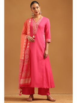 Soch - Fuchsia Pink Cotton Printed Kurta With Palazzo & Dupatta