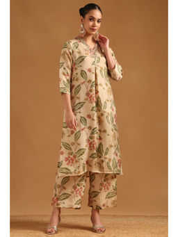 Soch - Beige Viscose Botanical Embroidered Floral Print Co-Ord Set