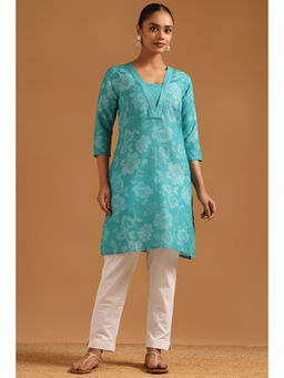 Soch - Turquoise Blue Linen Botanical Floral Print Kurta