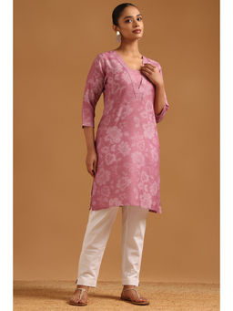 Soch - Onion Pink Linen Botanical Floral Print Kurta