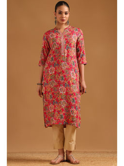 Soch - Fuchsia Pink Viscose Floral Embroidered Kurta