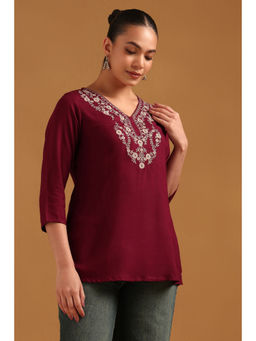 Soch - Wine Viscose Floral Embroidered Tunic